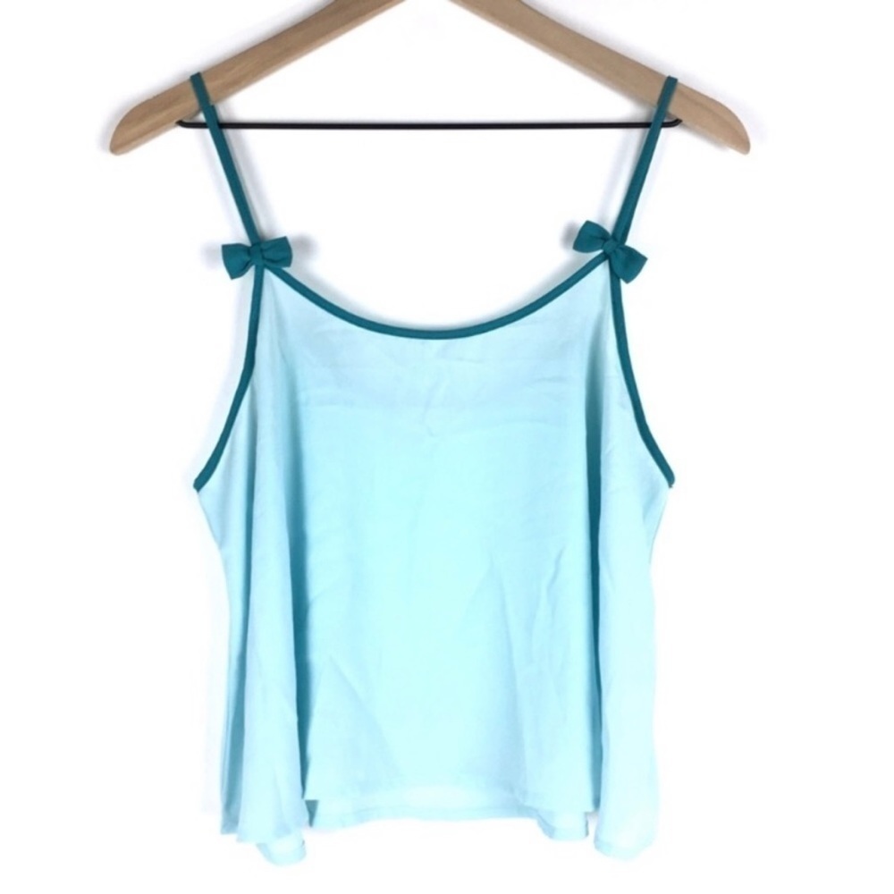 MINE Camisole Tank Cami Top Sheer Teal Bows Spaghetti Strap Light Blue Large
